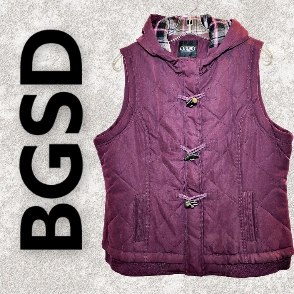 BGSD Maroon Quilted‎ Hooded Flannel Lined Plaid Vest, Size Large